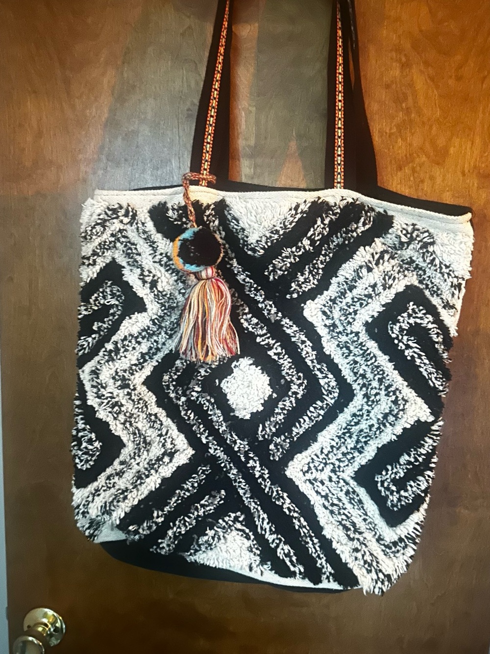Textured Black and White Geometric Tote with Multicolor Tassel